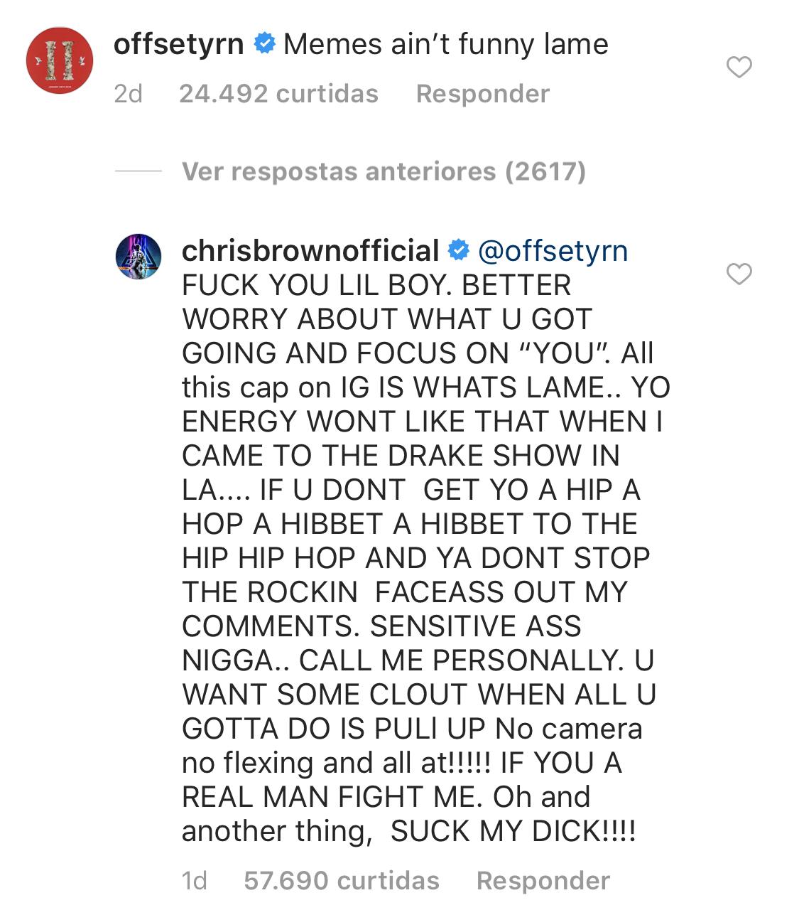 Chris Brown e Offset trocam farpas após piadas sobre prisão de 21 Savage