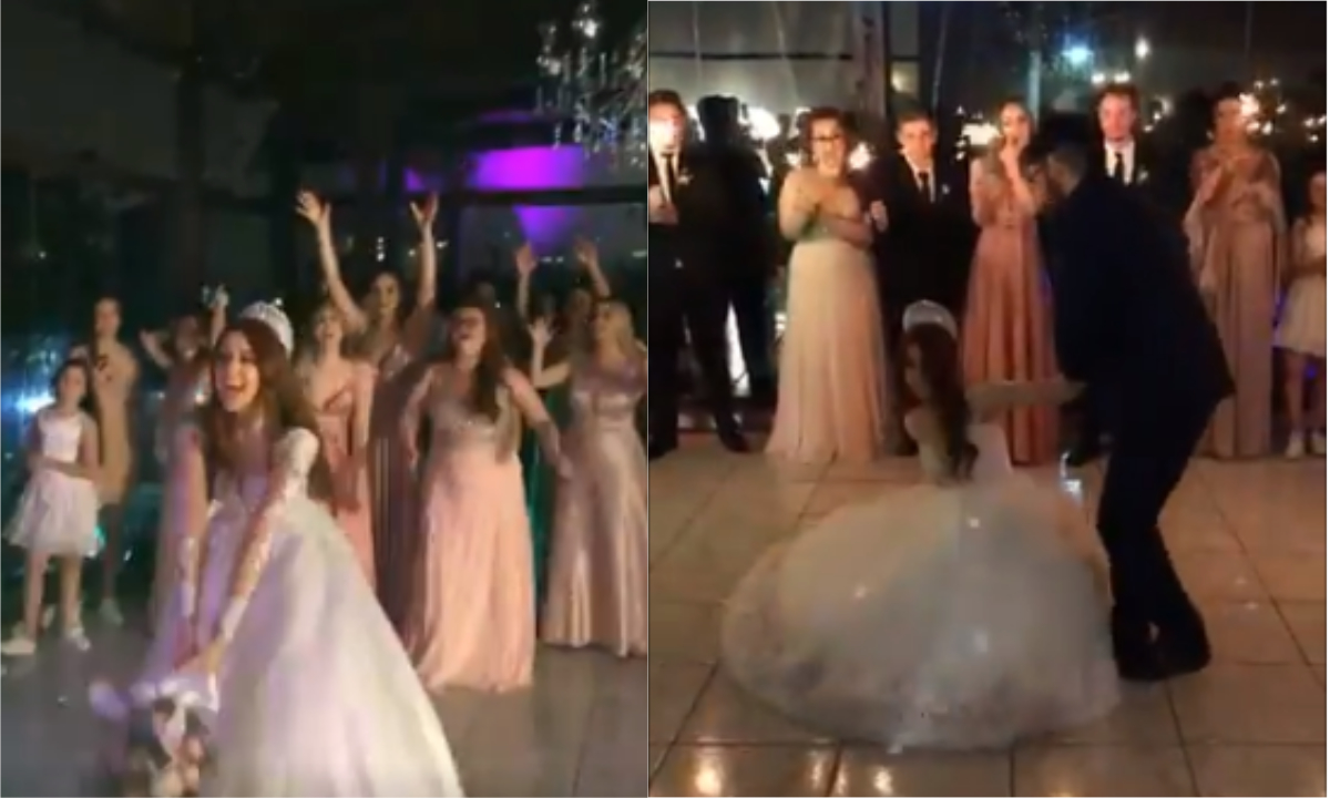 Noiva se atrapalha toda na hora de jogar o buquê em casamento e vídeo bomba  muito nas redes; Valsa também teve momento hilário; assista - Hugo Gloss