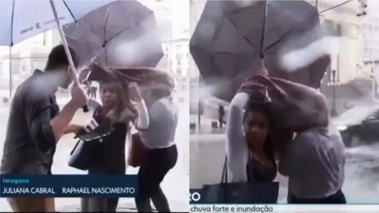 Vídeo: Meninas lutam contra chuva e ventania ao vivo em jornal e