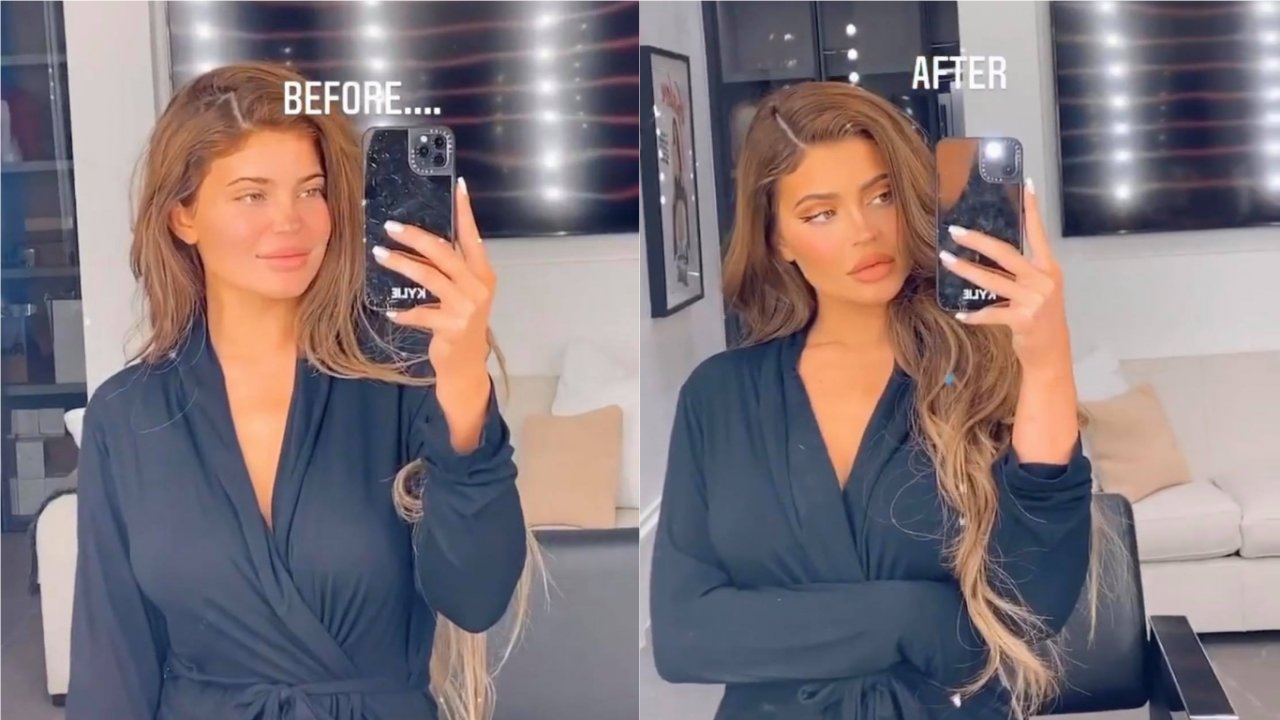 Kylie Jenner mostra "antes e depois" de cara lavada e maquiada, e