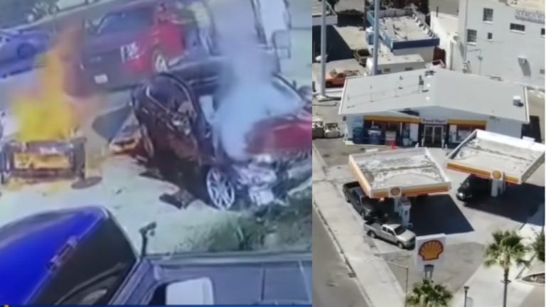 Que perigo! Mulher alcoolizada bate em bomba de gasolina e causa incêndio na Califórnia. (Foto: Reprodução CBS)