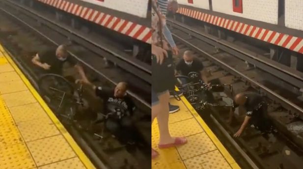 Homem pula nos trilhos e salva cadeirante segundos antes do trem passar. (Reprodução/Twitter)