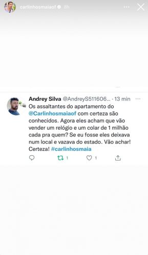 Carlinhos Maia reposta fala de internauta sobre o colar roubado. (Foto: Reprodução)