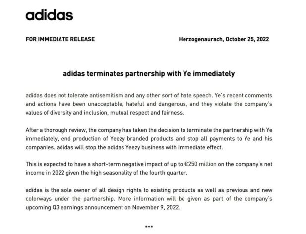 Adidas encerrou a parceria com Kanye West. (Foto: Reprodução/ Twitter)