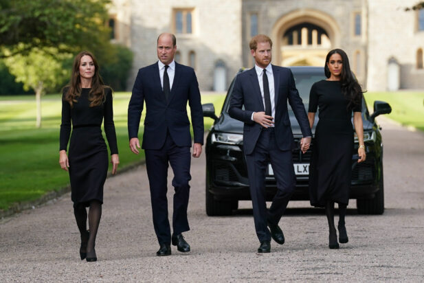 The Prince And Princess Of Wales Accompanied By The Duke And Duchess Of Sussex Greet Wellwishers Outside Windsor Castle