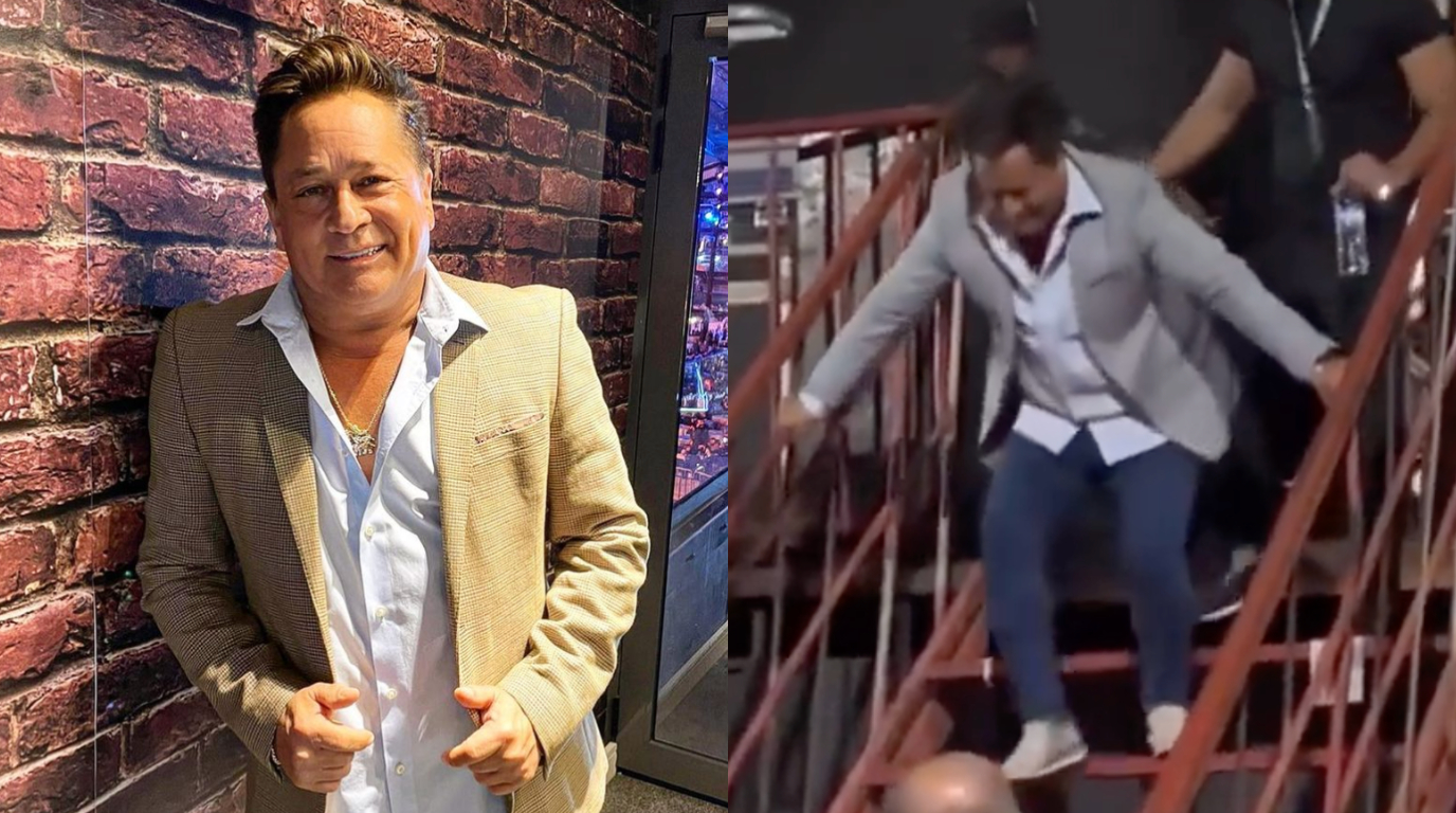Leonardo leva tombo em escada após show no MT e reação do cantor viraliza; assista