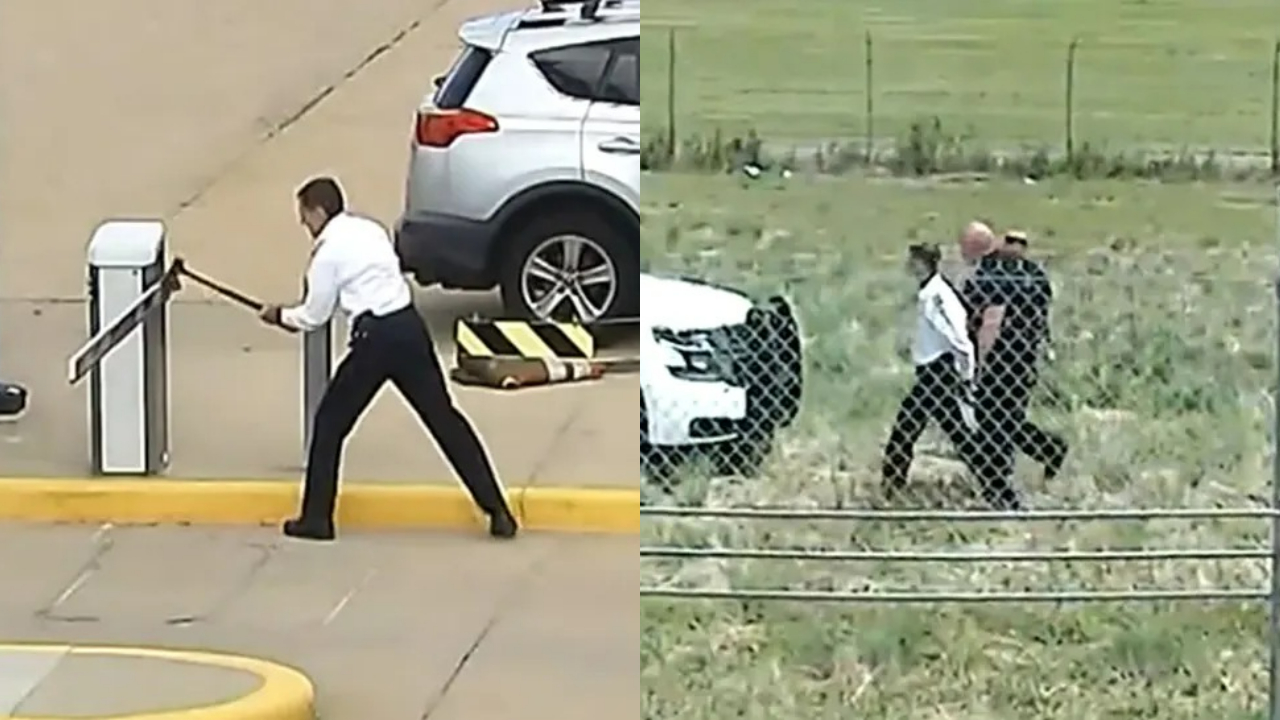 Vídeo: Piloto de companhia aérea é filmado atacando cancela de estacionamento com machado, nos EUA