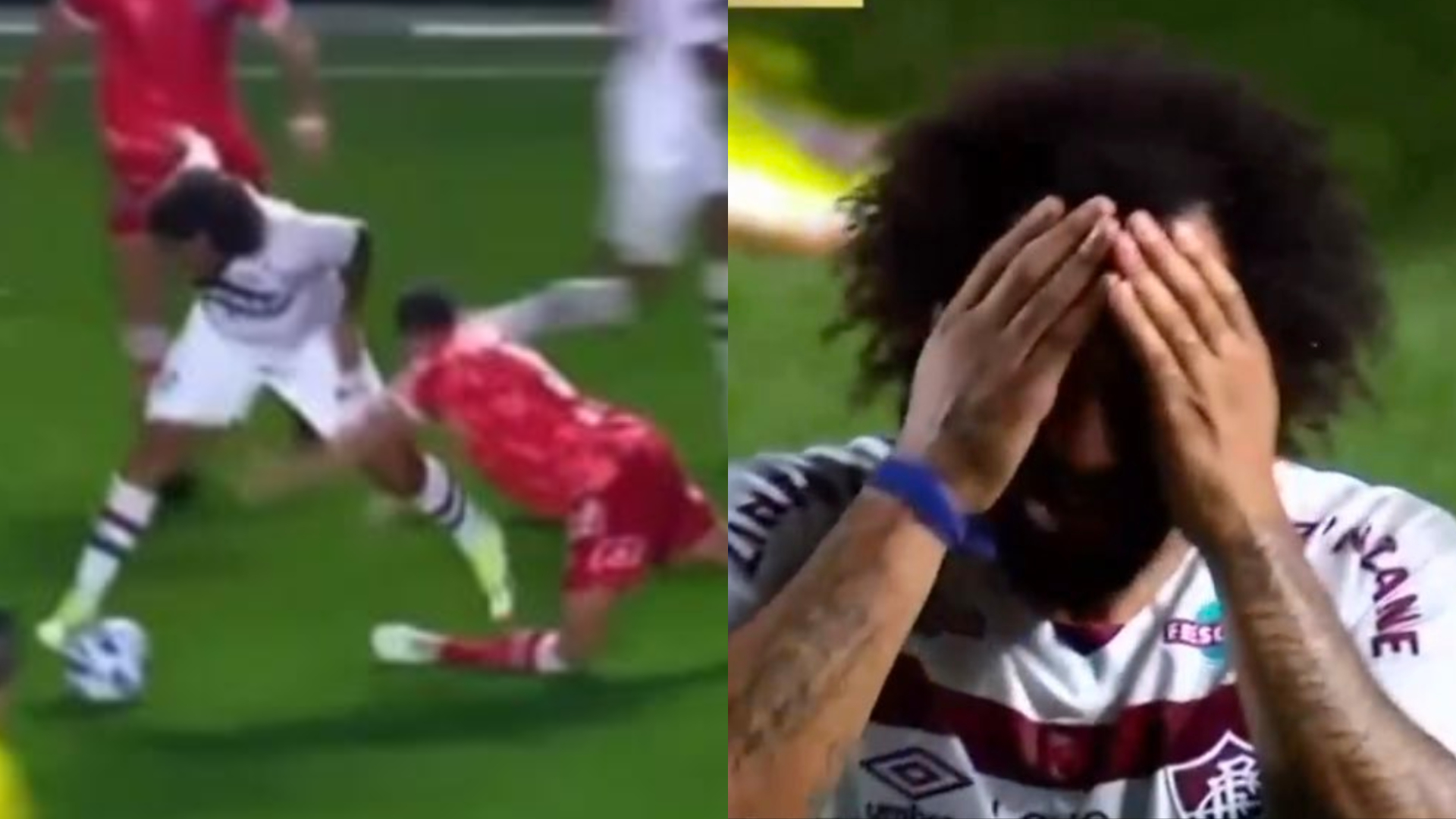 Vídeo: Zagueiro do Argentino Jrs. quebra a perna após levar pisão acidental de Marcelo, do Fluminense
