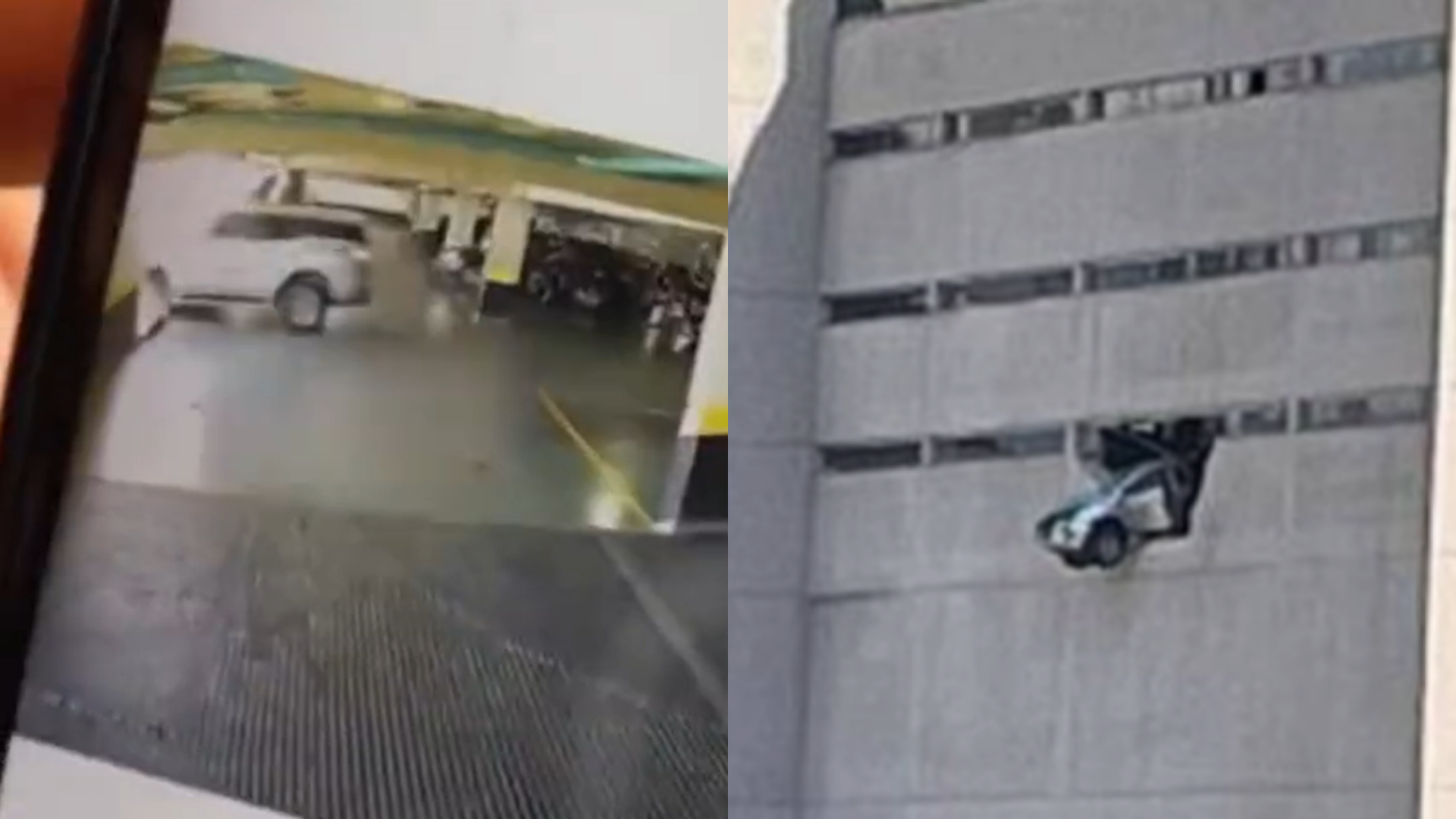 Carro quebra parede de estacionamento, fica pendurado em prédio de MG, e vídeo impressiona: ‘Que desespero’; assista