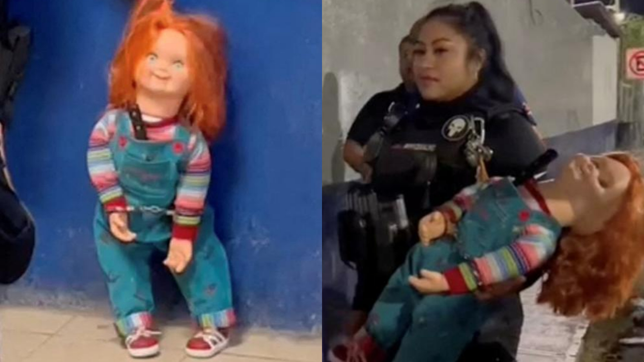 “Boneco Chucky” é preso, fotografado e algemado após ameaçar pessoas com faca no México; assista