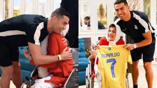 Cristiano Ronaldo encontrou a artista iraniana Fatemeh Ramami (Foto: Reprodução / Marca TV)