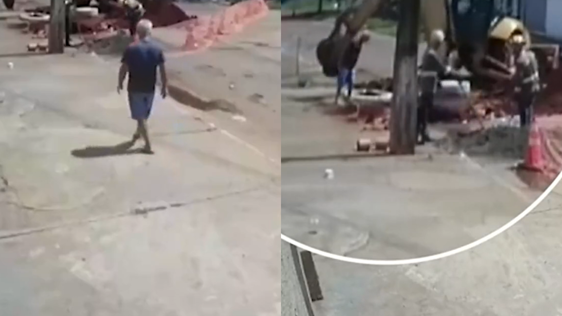 Vídeo: Pedestre curioso cai em vala após ser atingido por retroescavadeira, em GO; assista