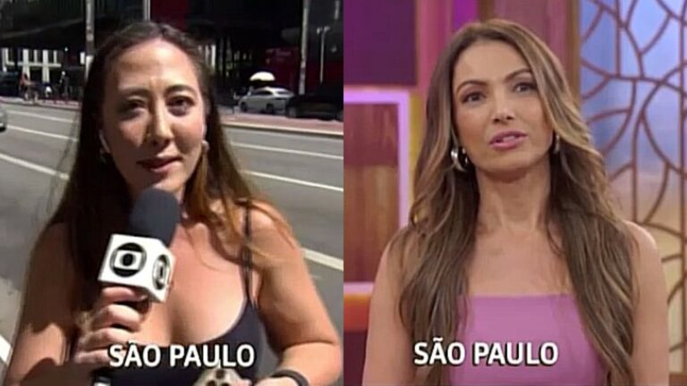 Juliana Massaoka se prepara para falar com Patrícia Poeta ao vivo antes da tentativa de assalto. (Foto: Reprodução/Globo)