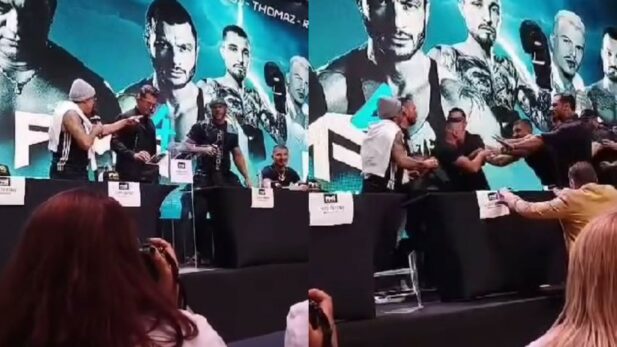 Acelino Popó Freitas e Kleber Bambam brigam durante coletiva de imprensa do 'Fight Music Show 4'