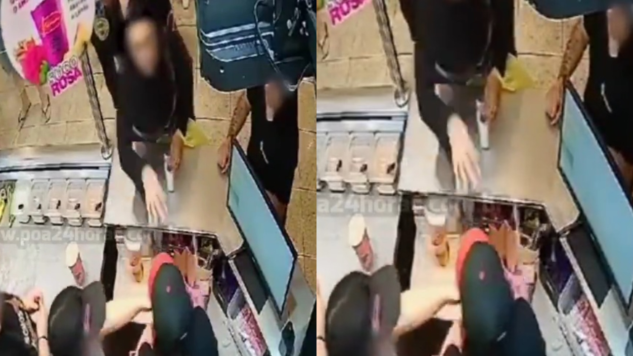 Vídeo: Mulher suspeita de jogar suco em atendente de lanchonete por conta de canudo é indiciada por injúria real, no RS