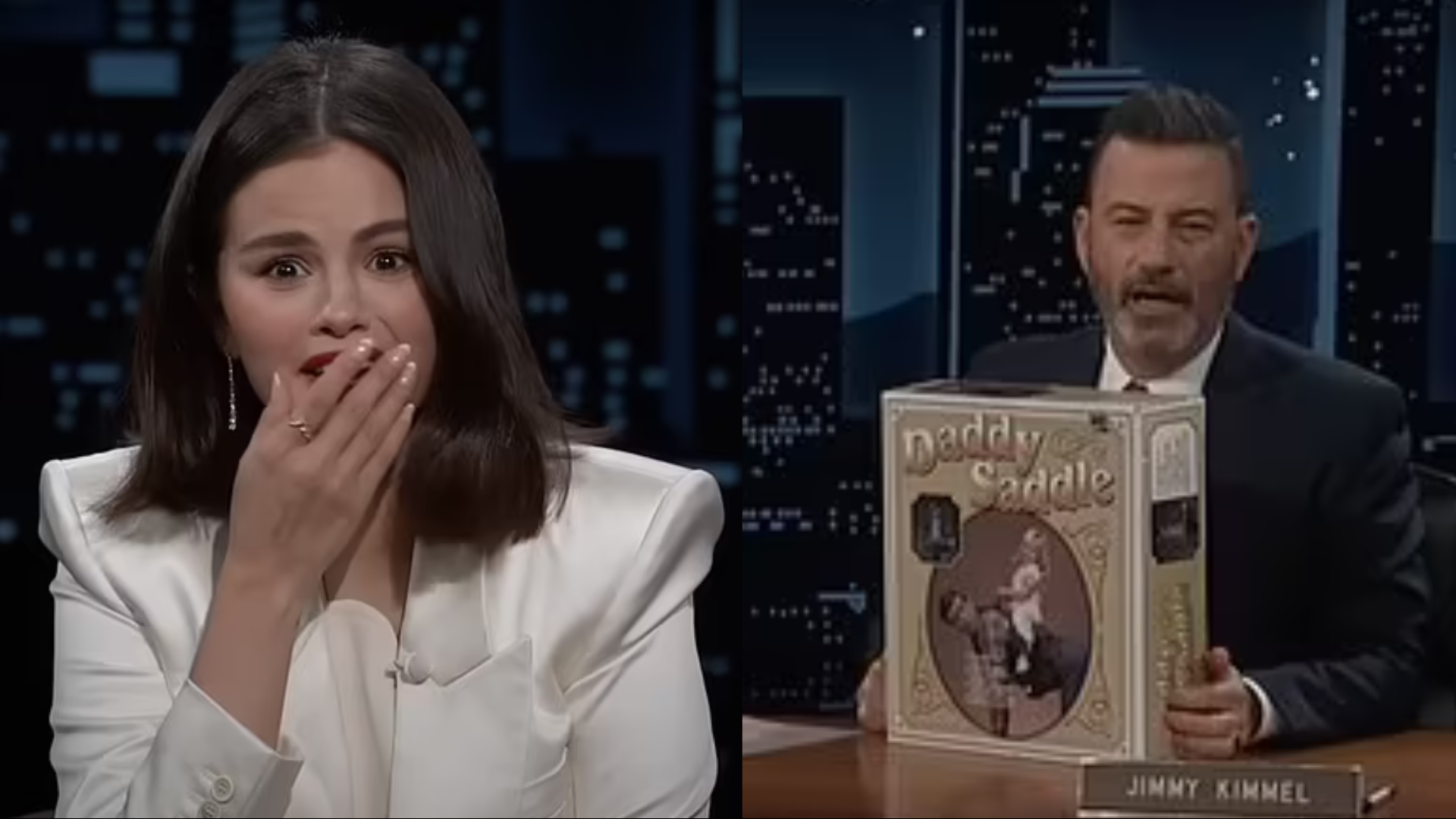 Selena Gomez ganha presente bizarro de Jimmy Kimmel, que brinca: “Você e Benny vão se divertir muito”; assista