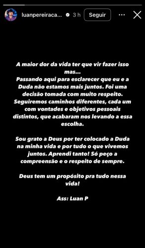 "Foi uma decisão tomada com muito respeito", disse Pereira. (Foto: Reprodução/Instagram)