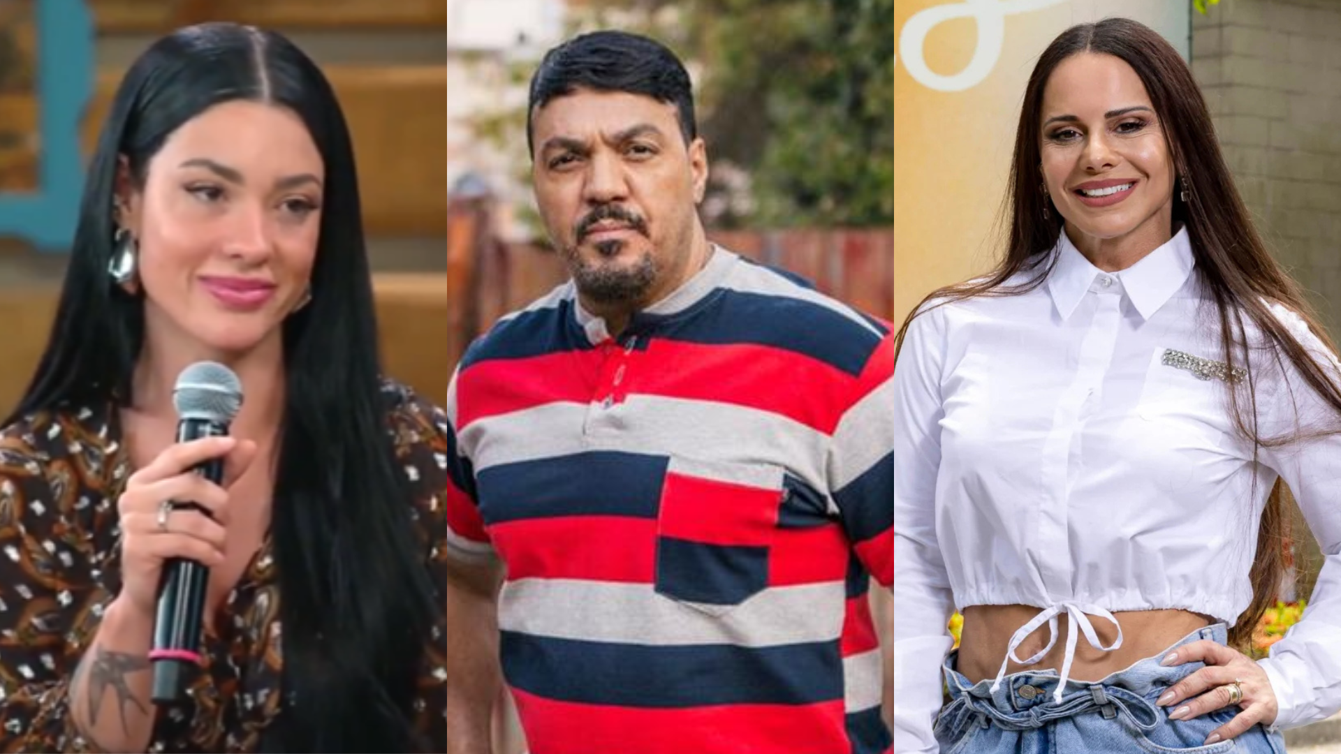 Rayane Figliuzzi é questionada sobre fala polêmica envolvendo Viviane Araujo e Belo; veja a reação A Fazenda 17: Rayane reage ao descobrir que Belo fará par romântico com Viviane Araújo, sua ex, em novela da Globo; assista (Reprodução/Record; Globo/Fabiano Battaglin/Edu Lopes)