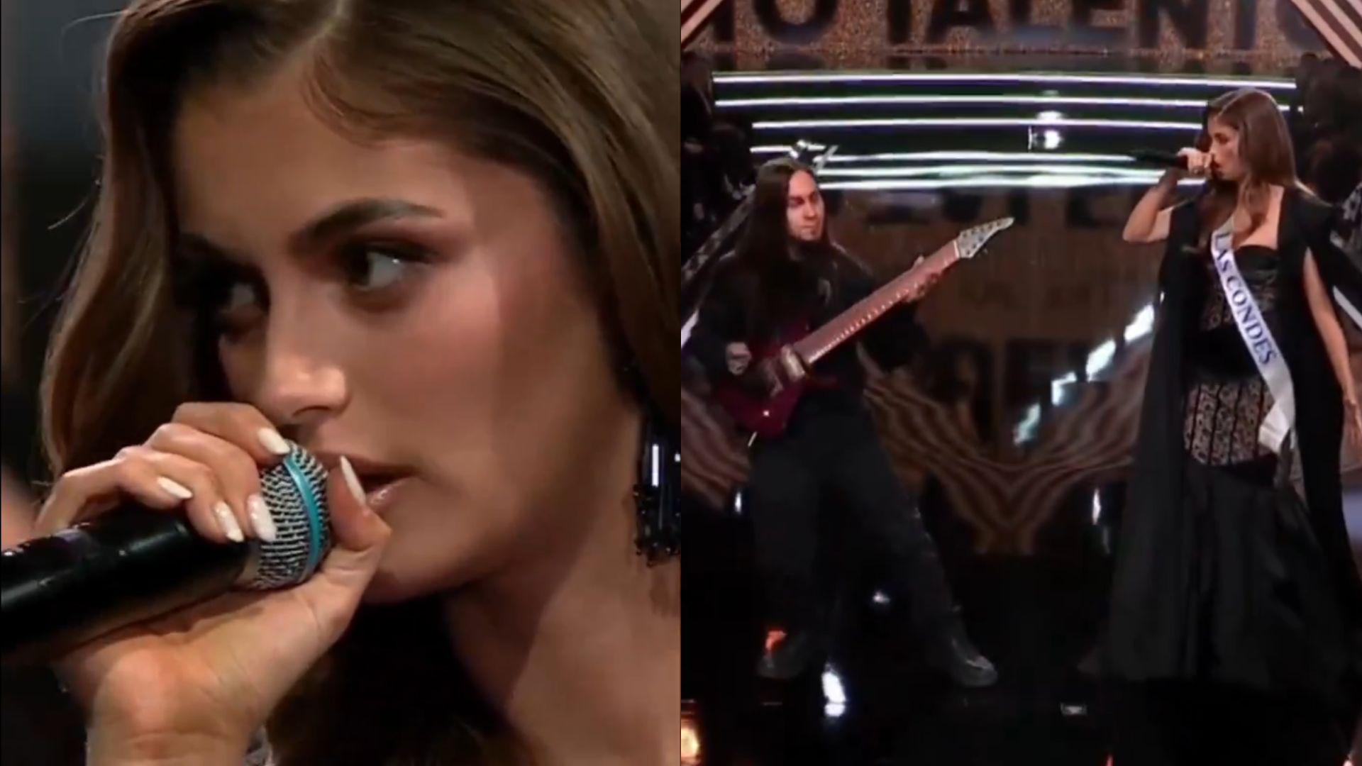 Candidata ao Miss Mundo Chile choca o público ao soltar vozeirão com música de death metal em show de talentos; assista Candidata ao Miss Mundo Chile surpreende ao apresentar música da sua banda de death metal; assista (Foto: Reprodução/ Chilevisíon)