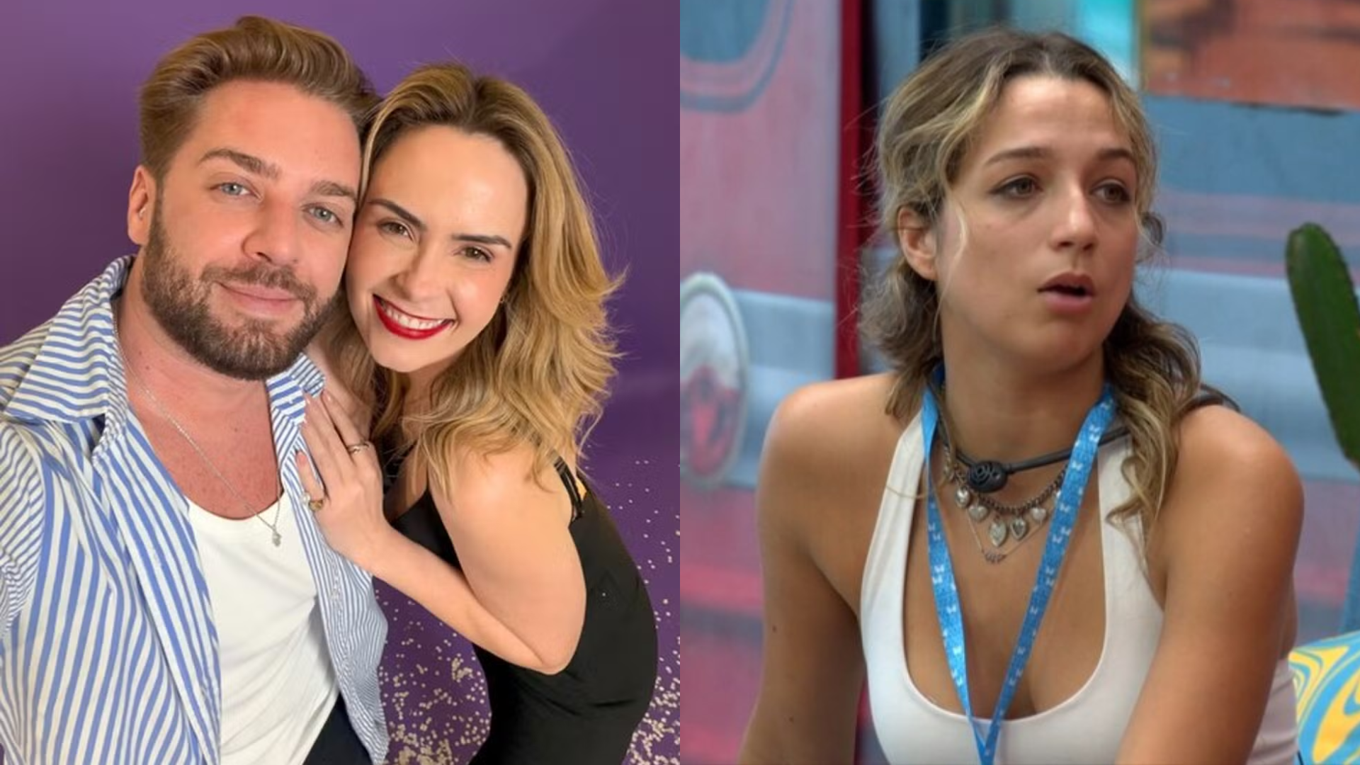Casal sorridente em foto dividida com participante do BBB 23. Homem e mulher posam juntos, enquanto outra mulher aparece em …